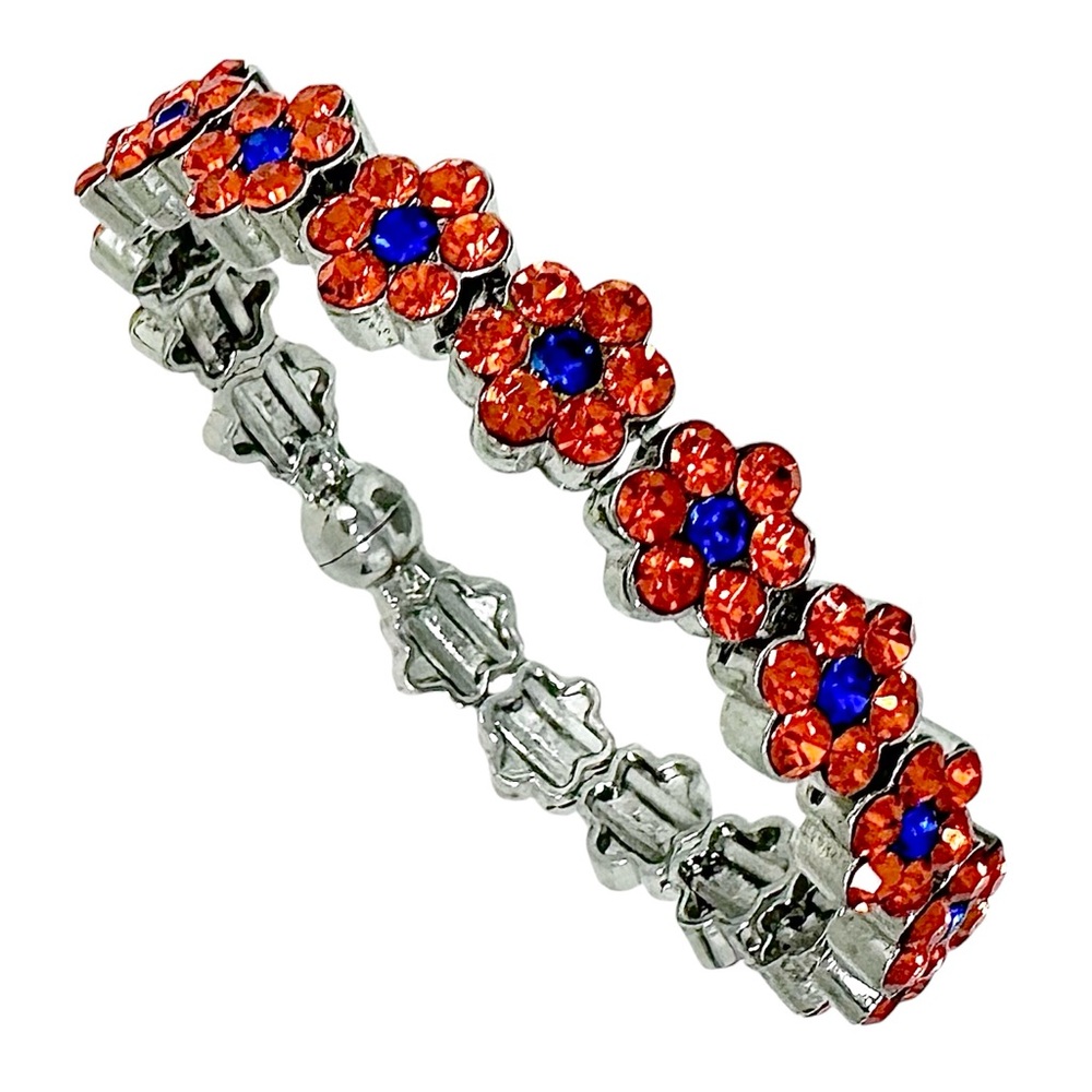 Orange & Blue Rhinestone Flower Magnetic Bangle Bracelet